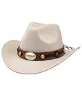 Cowboyhut für Damen und Herren, formbar, breite gerollte Filzkrempe, breite Krempe, Stierkopfgürtel, Westernhut, A-Beige, Einheitsgröße