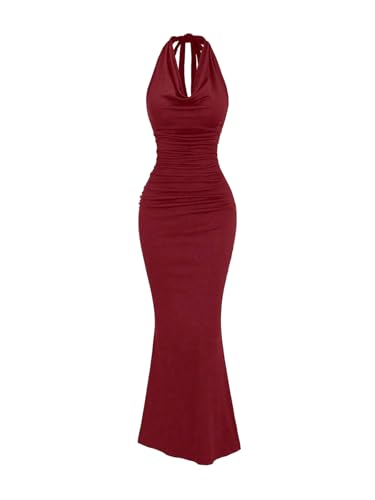 Image of GORGLITTER Women's Halter Formal Cocktail Beach Wedding Guest Maxi Dresses | Cinched Waisted Dress, Cowl Neck Dress, Birthday Club Dresses, Date Night Going Out Dress for Women