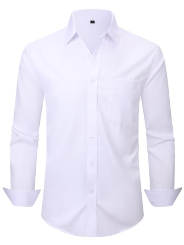 Lumilk Mens Dress Shirts Long Sleeve Button Down Shirt Business Formal Stretch Shirt Regular Fit with Pockets White X-Large