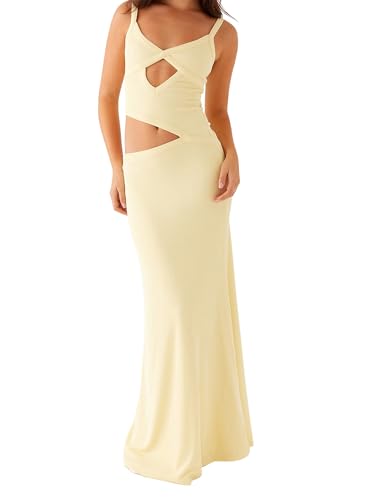 Image of Women Cut Out Maxi Dress Sleeveless Spaghetti Strap V Neck Backless Summer Bodycon Long Dress Party Dress