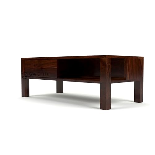 Image of Sheesham Wood Coffee Table for Living Room | Wooden Center Table with Drawer & Shelf Storage | Modern Solid Wood Teapoy Table for Sofa | 43x23.5x16 Inch | Home | Walnut Finish
