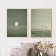 Póster abstracto japonés verde salvia, minimalismo moderno, arte lunar, decoración de pared (70x100cm x 2 piezas/sin marco)