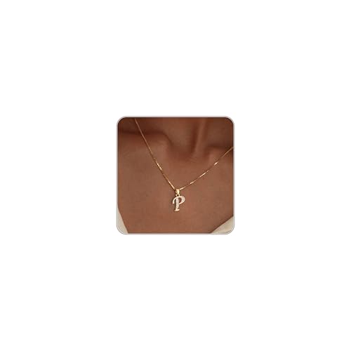 Fglqfam Gold Initial Necklace for Women 14K Gold Plated Box Chain Letter Pendant Trendy Name Necklace Dainty Personalized Jewelry Gift for Her (P)