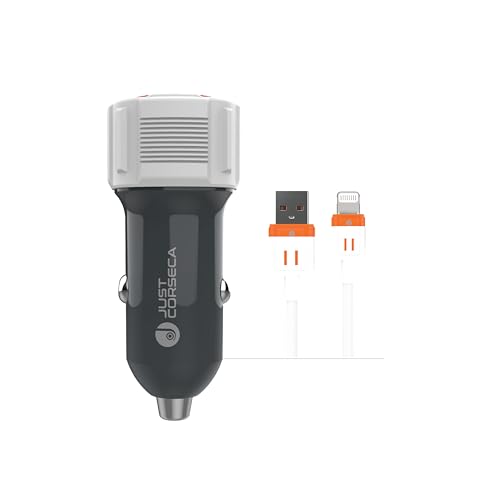Image of JUST CORSECA SSPEED 20W PD Fast Car Charger | Dual Port USB & Type-C Adapter with 1M Lightning Cable | Fast Charging for iPhone, Android & Tablets | Portable Travel Charger (Black)