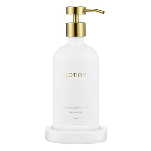 Glass Soap Dispenser Set by Janxin,Bathroom Soap Dispenser Set with Ceramic Tray,Luxury Bathroom Accessories,Modern Kitchen Decor (White+Gold(Lotion))