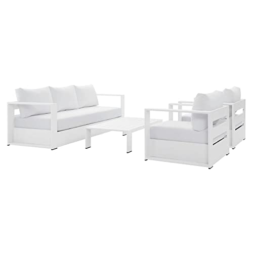 Image of Modway Tahoe 4-Piece Outdoor Patio Set, White, Armchairs, Sofa, Coffee Table