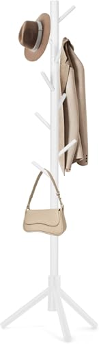 FROVA Wooden Clothes Hanging Stand with 8 Hooks | Free Standing Coat Hanger for Home | Ideal for Coats, Hats, Bags & Scarves | Cloth Stand for Bedroom | 9x9x68 inch, 1 Piece (White)