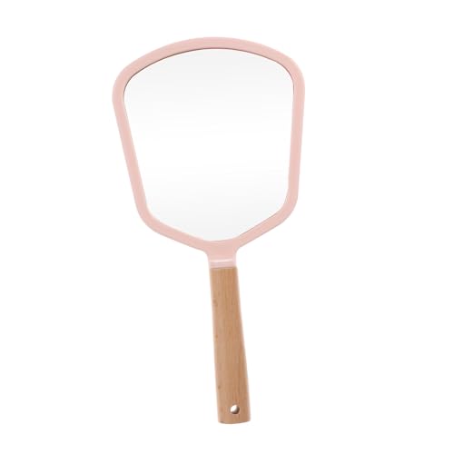 Espejo de maquillaje portátil con mango de madera rosa