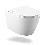 Hänge-WC Spülrandlos, Wand-WC Set aus Keramik inkl. WC-Sitz mit Absenkautomatik & Quick-Release, D-Form, 55.5 cm Länge, Weiß