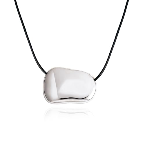 Dr's gift Silver Plated Pebble Pendant Necklace for Women,Chunky Silver Bean Necklace,Large Charm Pendant Necklaces,Black Cord Statement Necklaces (silver)