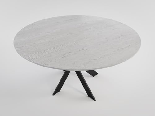Magnolia Home Linus Table de salle à manger en placage de noyer laqué avec structure en croix noire, couleur chêne blanc, 135 x 135 cm