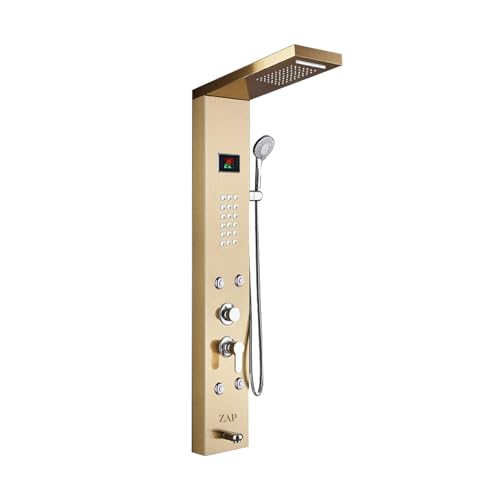 Image of ZAP X9 Gold Shower Panel System with LED Temperature Display | Rainfall Top Shower, Hand Shower, Body Massage Jets & Bucket Filler | Multi-Function Stainless Steel Bathroom Shower Unit