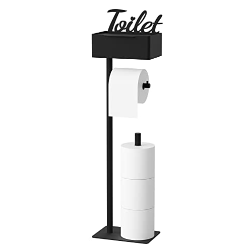 Tinpin Toilet Paper Holder Stand, Free Standing Black Toilet Paper Holder With Shelf And Storage, Toilet Paper Stand With Wipes Holder, Matte Black Toilet Paper Storage And Tissue Holder For Bathroom #TOP29