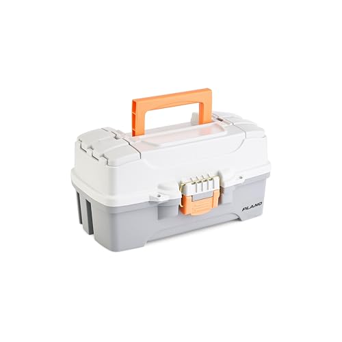 Image of Plano One-Tray Tackle Box, Light Grey /Dark Grey, Rust-Proof Brass Latch, Top-Access Tray with Deep Storage, Made in the USA, Portable Fishing Gear Storage Organizer