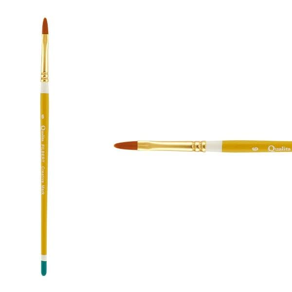 Creative Mark Qualita Golden Taklon Short Handle Paint Brush for Acrylics, Oils, Fine Art, Heavy Bodied Media - Single Brush - [Filbert - Size 6]
