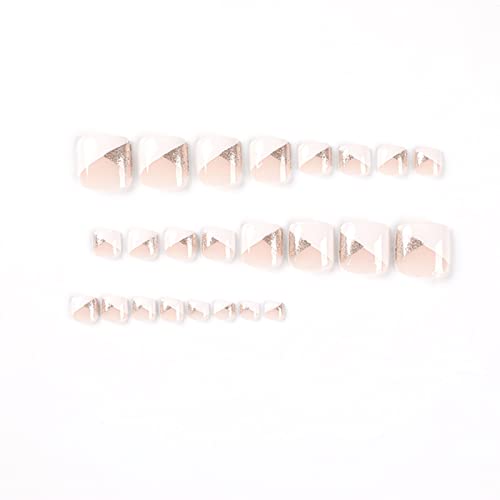 French Tip Press On Toenails, Short Fake Toenails With Glitter Design White Gold Beveled Edge Toenails Tips Design Full Cover Glossy Acrylic Toenails Spring Summer False Toe Nails For Women Girls #TOP1