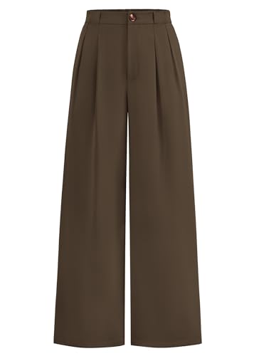 KIRUNDO Wide Leg Dress Pants for Women High Waisted Office Work Trousers Business Casual Slacks Button Flowy Palazzo Pant(Coffee, Small)