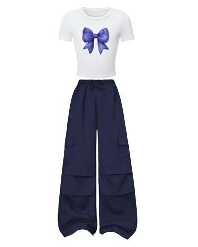 Image of Betusline Girls 2 Piece Outfits Short Sleeve Crop Top & Parachute Cargo Pants Set,4T-14 Years