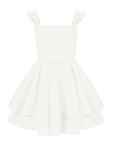 EXARUS Girls Summer Dress Teen Party Dance Graduation Daily Vacation Beach Picnic Boho Tween Semi Formal Wedding Sundress Flowy Bow Short Tiered Smocked Princess Seam Dresses White 12Y