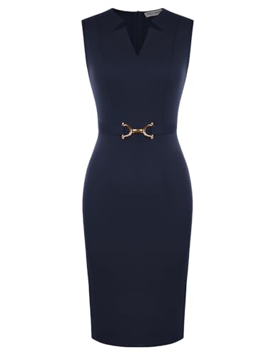 GRACE KARIN Work Dresses for Women 2026,V Neck Business Office Bodyon Dress,Sleeveless Pencil Semi Formal Midi Dress Navy Blue XL