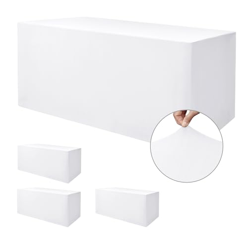 Image of Rectangle Spandex Fitted Tablecloths For Vendor 4 Pcs 60X30 Inch White | Wrinkle Resistant Elastic Table Covers Protector for 5 Foot Folding Table, Parties, Craft Show, Trade Show