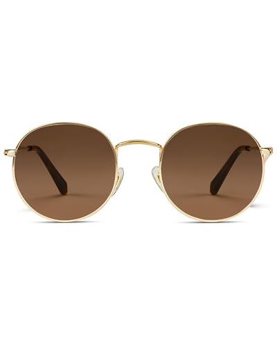 grinderPUNCH Classic Retro Sunglasses for Women Men, UV400 Protection Lens and Lightweight Men Sun Glasses Small Circle Metal Frame (Rose Gold Metal Frame/Brown Lens)