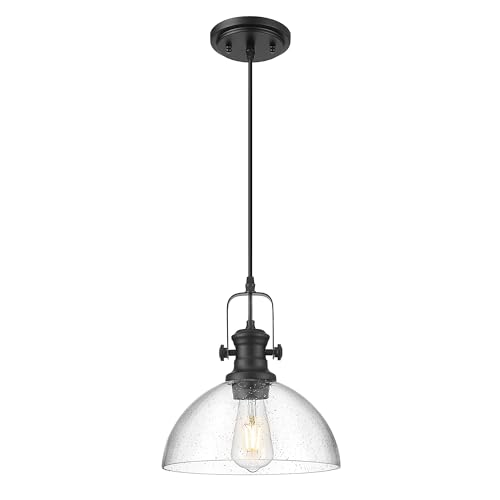 Image of 10.5 inch Black Pendant Lights Kitchen Island, Seeded Glass Shade | Farmhouse Vintage Hanging Light for Dining Room, Clear Seeded Glass Shade, Adjustable Height, E26 Base, AD-22151-1PL-BK