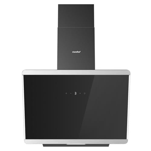 COMFEE\' CH60J64ET4A2B A++ Dunstabzugshaube 60 cm, Kopffreihaube 60cm Umluft und Abluft, 380m³/h Luftstrom, Edelstahl/Glas Design mit Touchscreen, LED, Abzugshaube inkl. Kohlefilter, Schwarz