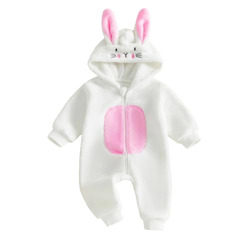 Bagilaanoe Infant Baby Boy Girl Easter Outfit Clothes Bunny Ear Hooded Long Sleeve Romper Jumpsuit Fall Winter Clothes (White 6-12 Months)
