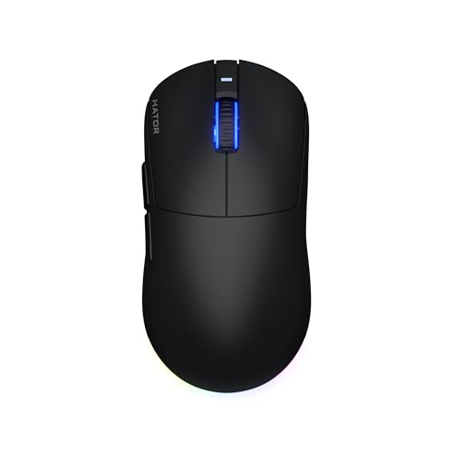 HATOR Quasar 3 Ratón inalámbrico para gaming, diseño simétrico, 2,4 GHz/Bluetooth/USB, sensor PixArt de 12000 ppp, 100 millones de clics, RGB, 100 horas de duración de la batería, 64 g, PC/Mac/Linux