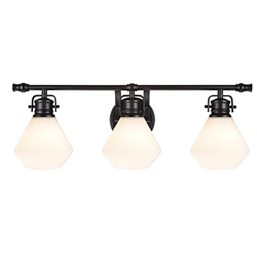Image of Aspen Creative 62091, Three-Light Metal Bathroom Vanity Wall Light Fixture, 24 inch Wide, Transitional Design in Bronze with Opal Glass Shade