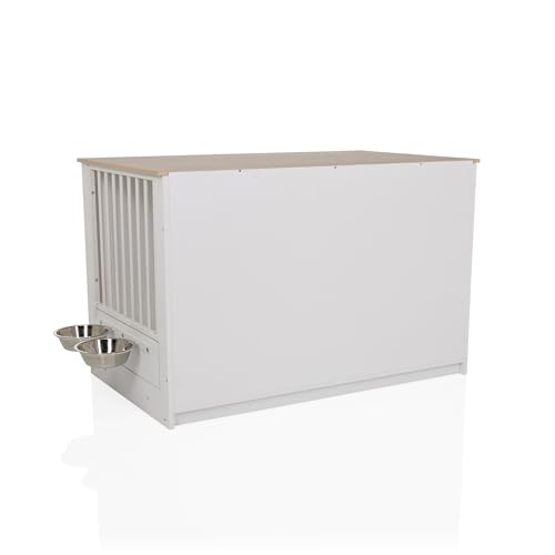 hjh LIVING Hundebox für Zuhause, 102x60x65,5 cm PAWHOME XL Hundekäfig inkl. Edelstahlnäpfe, Hundehaus mit Tür bis 30kg belastbar, Weiß/Eiche