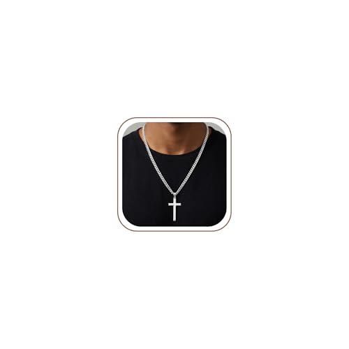 Pawoopawoo 925 Sterling Silver Cross Necklace for Men 5mm Diamond Cut Cuban Link Curb Chain Crucifix Pendant Necklace Jewelry Christian Baptism Gift 18 Inch
