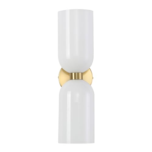 Image of EFINEHOME Minimalist 2-Light Gold Wall Sconces with Cylinder Glass Shades- Mid Century Vanity Wall Double Lights Hardwired- Modern Indoor Glass Wall Mounted Art Decor Lights (Milky White, 1 Pack)