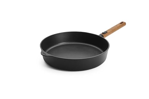 Woll Eco Logic QXR - Sartén de hierro fundido (inductiva, diámetro de 32 cm, 7 cm de alto, con mango de madera sostenible extraíble, apta para todo tipo de cocinas, sin PFAS, revestimiento