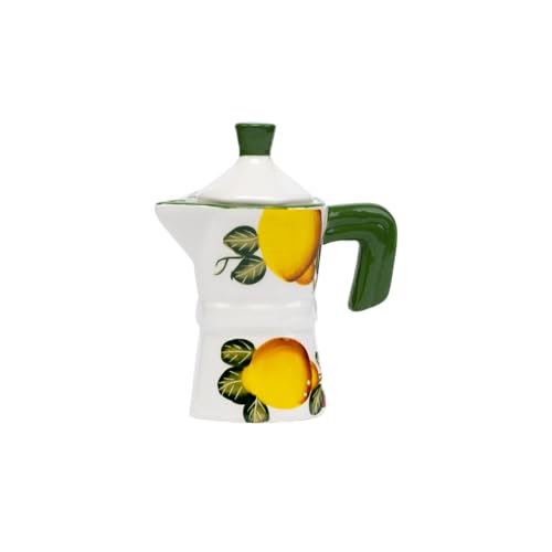 Divina Italian Design Portasalsa in Ceramica a Forma di Caffettiera con Limoni, Giallo Bianco Blu, 11 cm Altezza, con Coperchio (White)