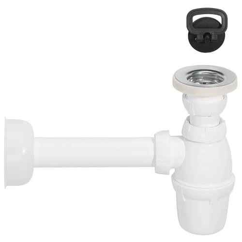 Schläfer | 4396111 – Siphon pour évier avec bonde de vidange en acier inoxydable pour lavabo 1 1/4, écoulement universel pour évier plastique, raccord mural, Ø 32 mm, siphon pour bouteilles blanches