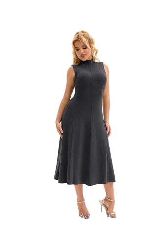 Froggirl Women's Sleeveless Turtle Neck Midi Dress Elegant A-Line Fit Stretchable Ribbed Sweater Dress for Fall Winter 20252