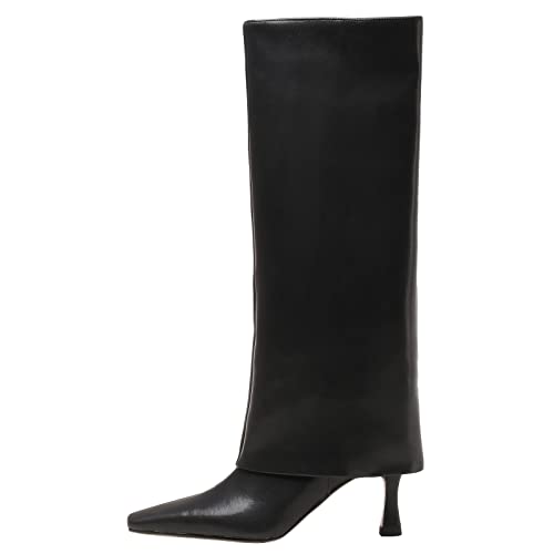 Kluolandi Women's Stiletto High Heel Knee High Boots Pointed Toe Fold Over Boots for Women Knee High Dress Shoes