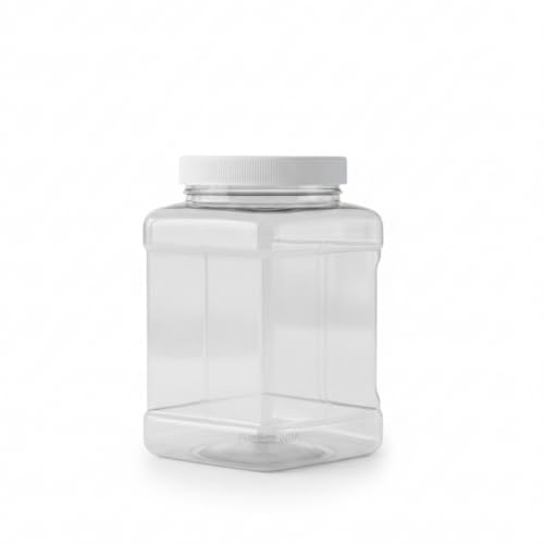 Pride Of India Clear Food Grade PET Plastic Square Grip Storage Jar w/Cap | 48 Fluid Ounces 4-5 Cup...