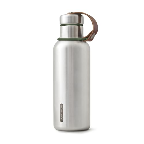 BLACK+BLUM - Water Bottle - Stainless Steel Thermal Insulated Leak Proof Travel Thermo Flask with Wide Spout and Stylish Vegan Leather Carry Loop - Keeps Hot for 12 hrs, Cold for 24 hrs, Olive - 500ml