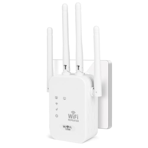 AOOSU Repetidor WiFi, AC1200 Amplificador Señal WiFi, Repetidor de Doble Banda 5 GHz y 2.4 GHz con 4 Antenas externas, Extensor Wi-Fi Cobertura más de 250 Metros para La Oficina, Hogar Blanco