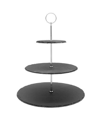Spetebo Schiefer Etagere mit 3 Ablagen rund - 32 x 30 cm - Etagenständer 3-stöckig mit Griff - Schiefertablett Buffetplatte Servierplatte Servierständer mit 3 Schieferplatten