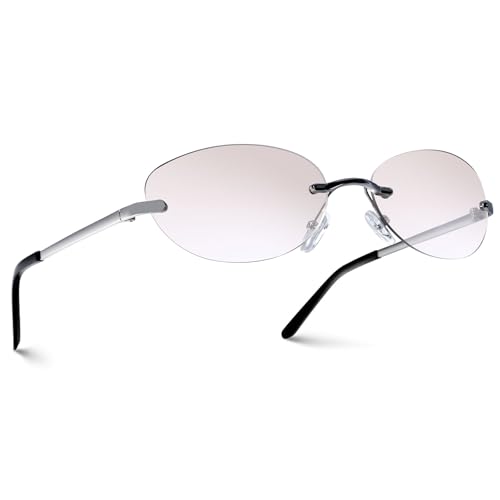 peuoyo Y2k Sunglasses for Women Rimless Futuristic Eyewear Womens oval sun glasses (Sliver Frame/Clear)