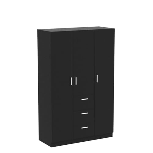 Panana Wooden 3 Doors 3 Drawers Wardrobes with Hanging Rail and Storage Shelves Modern Large Clothes Cupboards Unit for Bedroom Furniture (Black)