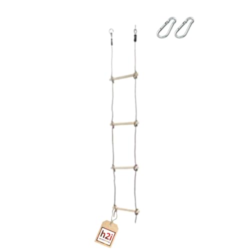 h2i Strickleiter - Länge 180 cm – Kletterleiter mit 5 Holzsprossen – Hängeleiter aus Holz + Karabiner für Garten & Konstruktionen (4)