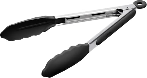 Image of Premium Steel and Siliconel Heat Resistant Kitchen Tongs for Cooking | Non Scratch Silicone Tip for Pans,Air Fryer,Barbeque, Serving | 10 inch - 230C Heat-Resistant (Black) (Pack of 01)