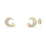 Blue Apple Co Yellow Tone, Cubic Zirconia-10mm Minimalist Crescent Moon & Star Stud Earring CZ Silver Jewelry Classic Style Push Back Earrings For Her 925 Sterling Silver Birthday Gift For Women -  Blue Apple Co.