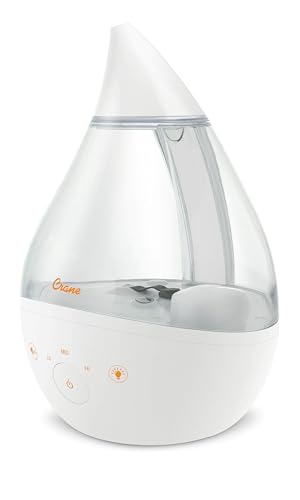 Image of Crane White Drop 4 in 1 Ultrasonic Cool Mist Top Fill Humidifier with Sound Machine, 1 Gallon Tank, For Large Rooms, Clear and White, Baby Nursery Humidifier