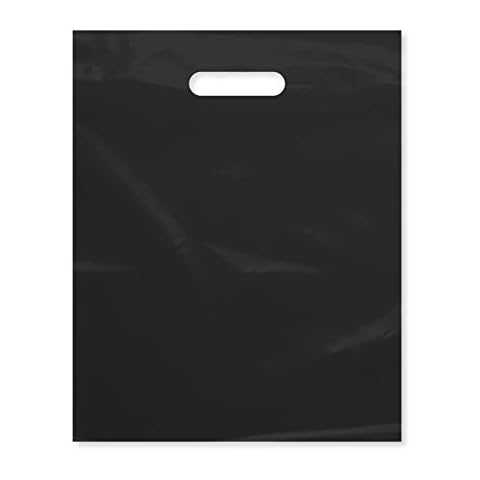 Purple Q Crafts Plastic Bag with Die Cut Handle Bag 12" x 15" Black Plastic Merchandise Bags 100 Pack for Retail, Gifts, Trade Show and More (12"x15") Cover